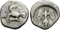 ELIS, Olympia. 87th Olympiad. 432 BC. AR Stater (11.64 g, 10h). Eagle flying left, grasping stag with beak and talons; sacrificial axe to upper left / Thunderbolt with wings above and volutes below; a