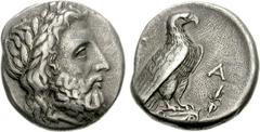 ELIS, Olympia. 108th Olympiad. 348 BC. AR Stater (11.84 g, 6h). Laureate head of Zeus right / Eagle standing right on Ionic capital; thunderbolt to right. Seltman, Temple 200 (dies CN/εθ); BCD Olympia