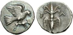 ELIS, Olympia. 134th-143rd Olympiad. Circa 244-208 BC. AR Drachm (4.73 g, 8h). Eagle flying right, tearing at hare held in its talons / Vertical thunderbolt with volutes above, wings below. Schwabache