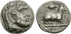 CYPRUS, Salamis. Evagoras I. Circa 411-374 BC. AR Stater (10.91 g, 4h). Head of Herakles right, wearing lion skin / Ram recumbent right; barley grain above. Masson & Amandry II.B.e.3.5 (this coin); Tz