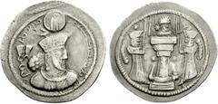 SASANIAN KINGS. Shahpur III. AD 383-388. AR Drachm (26mm, 4.20 g, 3h). Mint III. Crowned bust right; korymbos decorated with eagle facing, head left; triple pellets of either side / Fire altar with at