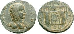 PHOENICIA, Sidon. Julia Maesa. Augusta, AD 218-224/5. Æ Trichalkon (17.47 g, 6h). Draped bust right / Octastyle temple façade with large central bay and roof line decorated with statues set on two lar