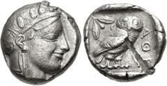 Greek ATTICA, Athens. Circa 454-404 BC. AR Tetradrachm (23mm, 17.17 g, 7h). Helmeted head of Athena right, with frontal eye / Owl standing right, head facing, closed tail feathers; olive sprig and cre