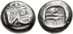 Greek LYCIA, Phaselis. Circa 530-500 BC. AR Stater (18.5mm, 10.80 g). Prow of galley right, terminating in a boar's forepart; [below, dolphin right] / Incuse square divided by two bands, with Λ-shaped