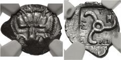 Greek DYNASTS of LYCIA. Mithrapata. Circa 390-370 BC. AR Sixth Stater. Uncertain mint. Lion scalp facing / Triskeles; astragalos in one section; all within incuse square. Müseler VII 83. In NGC encaps