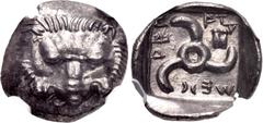 Greek DYNASTS of LYCIA. Mithrapata. Circa 390-370 BC. AR Sixth Stater. Uncertain mint. Lion scalp facing / Triskeles; astragalos in one section; all within incuse square. Müseler VII 83. In NGC encaps