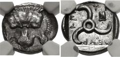 Greek DYNASTS of LYCIA. Mithrapata. Circa 390-370 BC. AR Sixth Stater. Uncertain mint. Lion scalp facing / Triskeles; astragalos in one section; all within incuse square. Müseler VII 83. In NGC encaps