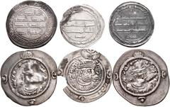 Large Lots MIXED. Central Asian–Islamic. Lot of six (6) silver issues. Includes: CENTRAL ASIAN: Sasanian. AR Drachm (3) // ISLAMIC: Umayyad. AR Dirham // 'Abbasid. AR Dirham (2). Average VF, one Sasan