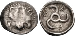 Greek DYNASTS of LYCIA. Aruwatijesi. Circa 400-370 BC. AR Twelfth Stater (12.5mm, 0.73 g). Zagaba mint. Facing lion scalp / Triskeles; Z (mint mark) in one section; all within incuse circle. Müseler V