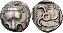 Greek DYNASTS of LYCIA. Mithrapata. Circa 390-370 BC. AR Sixth Stater (12mm, 1.49 g). Phellos(?) mint. Facing lion scalp / Triskeles; dolphin in one section; all within incuse square. Müseler VII 76–7
