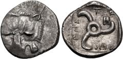 Greek DYNASTS of LYCIA. Mithrapata. Circa 390-370 BC. AR Sixth Stater (12mm, 1.39 g). Uncertain mint. Lion scalp facing / Triskeles; astragalos in one section; all within incuse square. Müseler VII 83