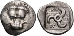 Greek DYNASTS of LYCIA. Mithrapata. Circa 390-370 BC. AR Sixth Stater (13mm, 1.45 g). Uncertain mint. Facing lion scalp / Triskeles; arrow in one section; all within incuse square. Müseler VII 86–8; T