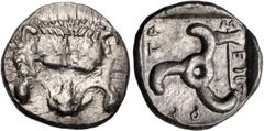 Greek DYNASTS of LYCIA. Mithrapata. Circa 390-370 BC. AR Sixth Stater (12mm, 1.42 g). Uncertain mint. Facing lion scalp / Triskeles; labrys in one section; all within incuse square. CNG E-473, lot 126