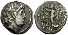 SELEUKID KINGS of SYRIA. Demetrios III Eukairos. 97/6-88/7 BC. AR Drachm (16mm, 3.71 g, 12h). Damaskos mint. Dated SE 218 (95/4 BC). Diademed head right / Nike advancing left, holding wreath and palm;