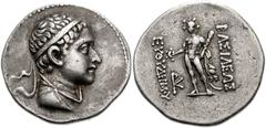BAKTRIA, Greco-Baktrian Kingdom. Euthydemos II. Circa 185-180 BC. AR Drachm (20mm, 4.21 g, 12h). Uncertain mint. Diademed head right / Herakles standing left, holding wreath, club, and lion skin; mono