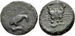Greek SICILY, Akragas. Circa 415-406 BC. Æ Tetras – Trionkion (23mm, 6.75 g, 2h). Eagle, wings spread, standing right on, and tearing at, dead hare / Crab; below, three pellets (mark of value) above c