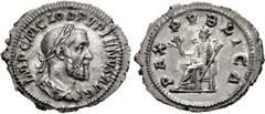 Roman Imperial Pupienus. AD 238. AR Denarius (21.5mm, 2.82 g, 6h). Rome mint. 1st emission. Laureate, draped, and cuirassed bust right / Pax seated left, holding olive branch and scepter. RIC IV 4; BM