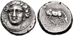 Greek THESSALY, Larissa. Circa 400-370 BC. AR Drachm (18mm, 6.18 g, 9h). Obverse die signed by Geu–. Head of the nymph Larissa facing slightly left, wearing ampyx [inscribed ΓEY], earring, garment cla