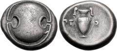 Greek BOEOTIA, Thebes. Circa 379-368 BC. AR Stater (21mm, 12.10 g). Ptoi–, magistrate. Boeotian shield / Amphora; ΠT-OI across central field; all within concave circle. Hepworth 84; BCD Boiotia 522; H