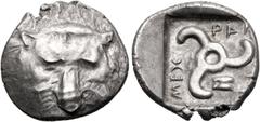 Greek DYNASTS of LYCIA. Mithrapata. Circa 390-370 BC. AR Sixth Stater (12mm, 1.36 g). Uncertain mint. Lion scalp facing / Triskeles; astragalos in one section; all within incuse square. Müseler VII 83