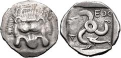 Greek DYNASTS of LYCIA. Mithrapata. Circa 390-370 BC. AR Sixth Stater (13.5mm, 1.41 g). Phellos(?) mint. Lion scalp facing / Triskeles; dolphin in one section; all within incuse square. Müseler VII 76