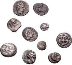 Large Lots GREEK. Miscellaneous. Lot of ten (10) silver issues. Includes: CALABRIA, Tarentum. AR Diobol // SICILY, Himera. AR Litra // Syracuse. AR Litra // THRACE, Abdera. AR Hemidrachm // MYSIA, Kyz