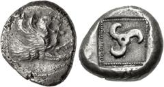 Greek DYNASTS of LYCIA. Uncertain dynast. Circa 480/70-430 BC. AR Stater (20mm, 8.50 g). Forepart of winged lion right / Triskeles within beaded border; all within incuse square. Falghera 75; SNG Cope