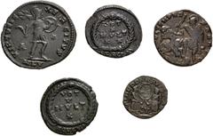 Large Lots ROMAN. Imperial. Lot of five (5) bronze issues. Includes: Licinius I. Æ Follis // Constantius Gallus. Æ // Julian II. Æ // Magnentius. Æ // Jovian. Æ. Near VF to Good VF, green and brown pa