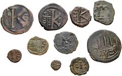 Large Lots BYZANTINE. Lot of ten (10) bronze issues. Includes: Anastasius I. Æ Half Follis // Æ Nummus // Justinian I. Æ Half Follis // Æ Decanummium // Æ Pentanummium // Maurice Tiberius. Æ Half Foll