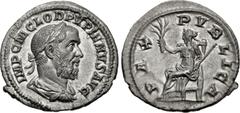 Merani Collection – Roman Imperial Pupienus. AD 238. AR Denarius (19.5mm, 2.51 g, 12h). Rome mint. 1st emission. Laureate, draped, and cuirassed bust right / Pax, draped, seated left on throne, holdin