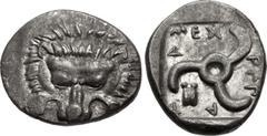 Greek DYNASTS of LYCIA. Mithrapata. Circa 390-370 BC. AR Sixth Stater (13mm, 1.39 g). Uncertain mint. Lion scalp facing / Triskeles; astragalos in one section; all within incuse square. Müseler VII 83