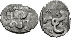 Greek DYNASTS of LYCIA. Mithrapata. Circa 390-370 BC. AR Sixth Stater (14mm, 1.23 g). Uncertain mint. Facing lion scalp / Triskeles; arrow in one section; all within incuse square. Müseler VII 86–8. L