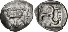 Greek DYNASTS of LYCIA. Mithrapata. Circa 390-370 BC. AR Sixth Stater (15mm, 1.34 g). Uncertain mint. Facing lion scalp / Triskeles; labrys in one section; all within incuse square. CNG E-487, lot 193