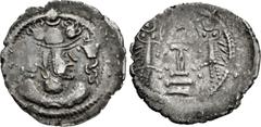 Central Asian INDO-SASANIAN, Sindh. Pre-Gujarat Series. Circa 550-650. AR Drachm (25mm, 3.99 g, 3h). Imitating a Type 3 drachm of the Sasanian king Pērōz (Fīrūz) I, AD 457/9-484. Sasanian style bust r