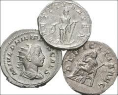 ROMAN. Imperial. Antoniniani of Gordian III, Philip II, and Herennia Etruscilla. Includes: GORDIAN III. Radiate, draped, and cuirassed bust right / Laetitia holding wreath and anchor. RSC 121 // PHILI