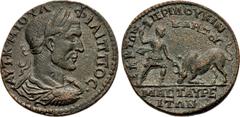 Roman Provincial LYDIA, Mastaura. Philip I. AD 244-249. Æ (35mm, 19.91 g, 6h). Loukinios, the son of Kletos, president of the college of grammateis. Laureate, draped, and cuirassed bust right / Victim