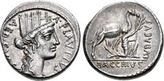 Roman Republican A. Plautius. 55 BC. AR Denarius (17mm, 4.06 g, 6h). Rome mint. Turreted head of Cybele right / Bacchius Judaeus (Aristobulus II, High Priest and King of Judaea) kneeling right, holdin