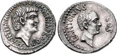 Roman Republican The Triumvirs. Mark Antony and Lucius Antony. Summer 41 BC. AR Denarius (18mm, 4.02 g, 2h). Ephesus mint; M. Cocceius Nerva, proquaestor pro praetore. Bare head of Mark Antony right; 