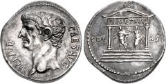 Roman Imperial Claudius. AD 41-54. AR Cistophorus (25.5mm, 11.17 g, 6h). Ephesus mint. Struck AD 41-42. TI CLAVD CAES • AVG, bare head left / COM ASI across field, distyle temple of Roma and Augustus,