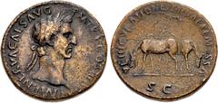 Roman Imperial Nerva. AD 96-98. Æ Sestertius (33.5mm, 26.45 g, 6h). Rome mint. Struck AD 97. Laureate head right / Two mules grazing, one left, one right; behind, high-wheeled cart, with pole and harn