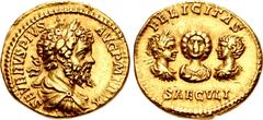 Roman Imperial Septimius Severus, with Julia Domna, Caracalla, and Geta. AD 193-211. AV Aureus (19.5mm, 7.19 g, 6h). Rome mint. Struck AD 202. SEVERVS PIVS AVG P M TR P X, laureate, draped, and cuiras
