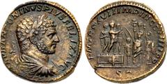 Roman Imperial Caracalla. AD 198-217. Æ Sestertius (29.5mm, 23.84 g, 12h). Rome mint. Struck AD 214. Laureate, draped, and cuirassed bust right / "Adlocutio" scene: Caracalla, in military dress, stand