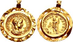 Roman Imperial Severus Alexander. AD 222-235. AV Aureus bezel set in ancient gold pendant (28.5 x 34.5mm, 10.25 g, 12h). Rome mint. 2nd emission, late AD 222. IMP C M AVR SEV ALEXAND AVG, laureate, dr