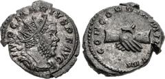 Roman Imperial Marius. Romano-Gallic Emperor, AD 269. Antoninianus (19mm, 3.60 g, 12h). Treveri (Trier) mint. 2nd emission, circa mid AD 269. Radiate, draped, and cuirassed bust right / Clasped right 