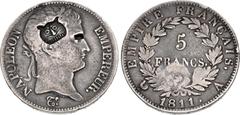 World FRANCE, First Empire. Napoleon I. 1804-1814. AR 5 Francs (38mm, 24.51 g, 6h). Countermarked execratio issue. Paris mint; différents: signature/rooster. Dated 1811 A. Laureate head left; c/ms: fa