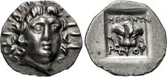 Greek ISLANDS off CARIA, Rhodos. Rhodes. Circa 125-88 BC. AR Drachm (13mm, 1.33 g, 12h). 'Plinthophoric' coinage. Melantas, magistrate. Radiate head of Helios right / Rose with bud to left; ΜΕΛΑΝΤΑ ab