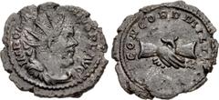 Roman Imperial Marius. Romano-Gallic Emperor, AD 269. Antoninianus (22mm, 3.11 g, 6h). Treveri (Trier) mint. 1st emission, mid AD 269. Radiate, draped, and cuirassed bust right / Clasped right hands. 