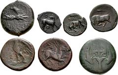 Large Lots GREEK. Magna Graecia & Sicily. Lot of seven (7) bronze issues. Includes: SICILY, Messana. Æ Dilitron // SICILY, Segesta. Æ Hexas // SICILY, Syracuse. Æ Hemilitron // Hieron II. Æ (3) // Hik