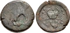 Greek SICILY, Akragas. Circa 415-406 BC. Æ Hemilitron – Hexonkion (29.5mm, 21.79 g, 4h). Eagle, wings spread, standing right on, and tearing at, dead hare; leaf to right / Crab; six pellets (mark of v