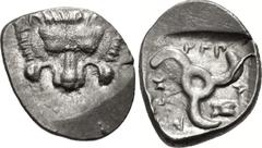Greek DYNASTS of LYCIA. Mithrapata. Circa 390-370 BC. AR Sixth Stater (12mm, 1.35 g). Uncertain mint. Lion scalp facing / Triskeles; astragalos in one section; all within incuse square. Müseler VII 83